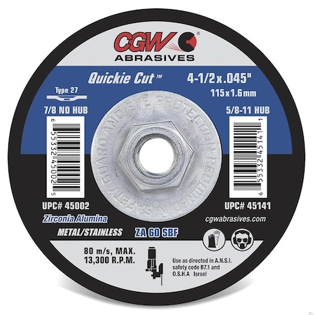Cgw Abrasives Abrasive Cut-Off Wheel, Type 27, 4-1/2 in Dia, 0.045 in Thick, Zirconia Alumina, 60 Grit 45002